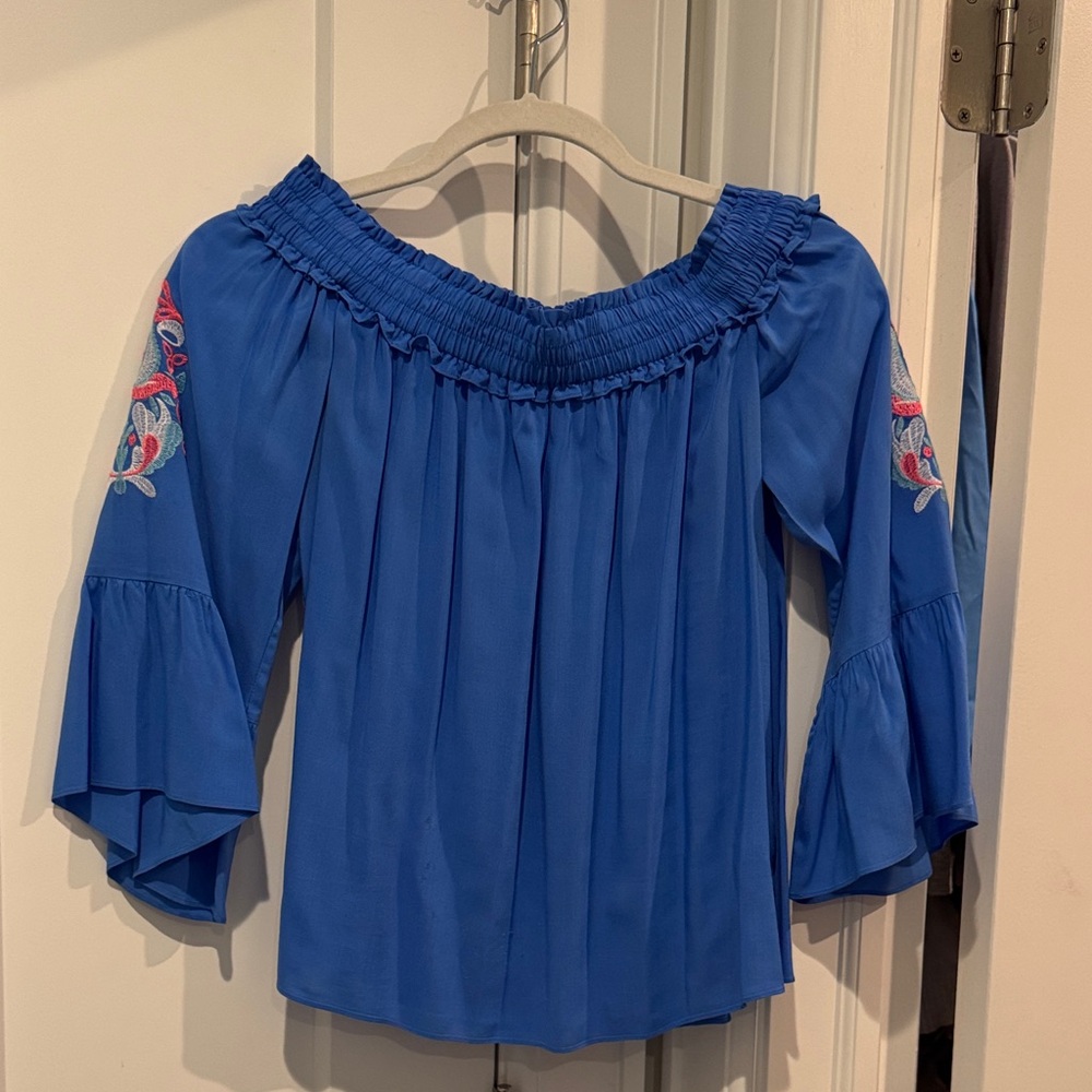 Lilly Pulitzer Blue Off-Shoulder Blouse with Embroidery